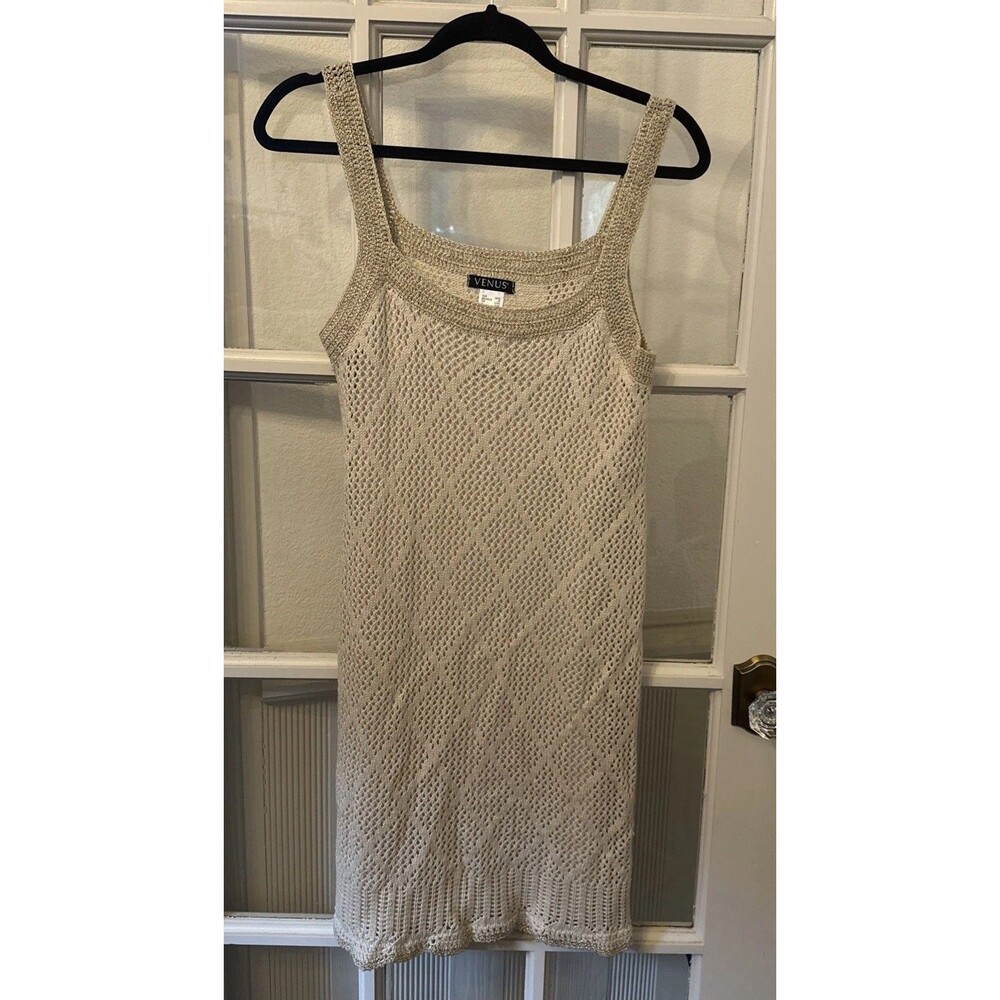 Venus Cream Gold Sleeveless Crochet Knit Sweater Dress Lace Detail Womens Medium